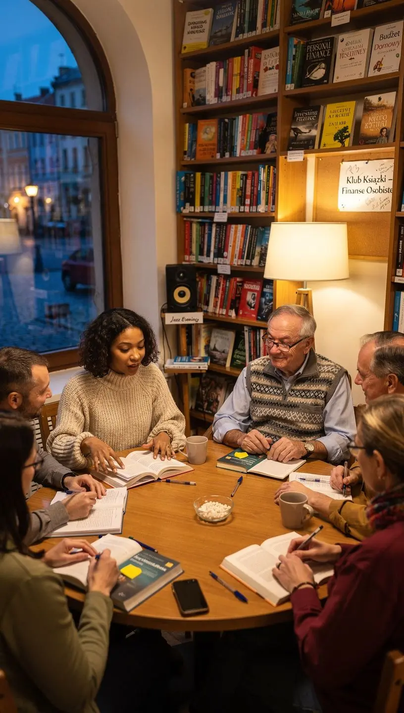 Grupa osób dyskutująca podczas spotkania klubu finansowego z książkami i planistami finansowymi na stole.