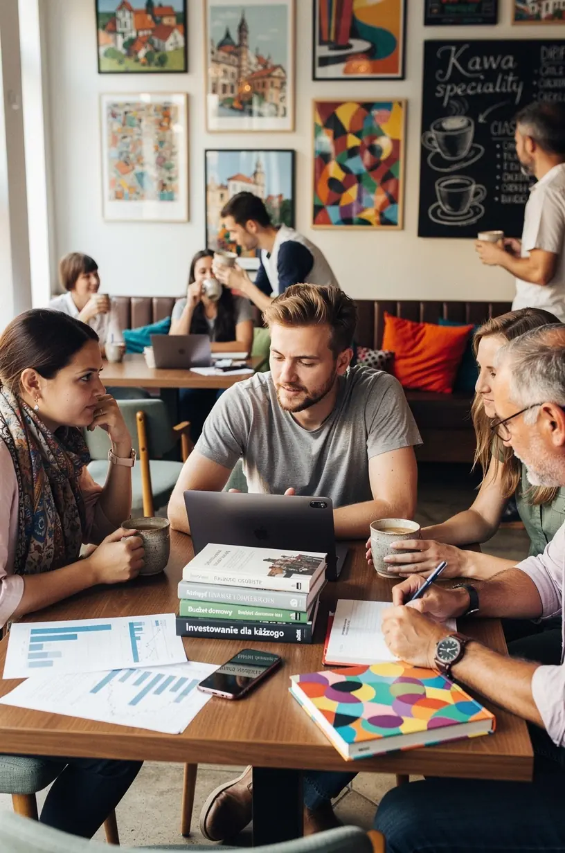 Stos książek o finansach osobistych oraz planer finansowy ułożone na drewnianym blacie w przyjaznym otoczeniu.