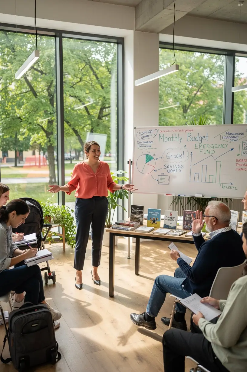 Osoba prowadząca warsztat edukacyjny na temat zarządzania budżetem domowym w lokalnym klubie społecznościowym.